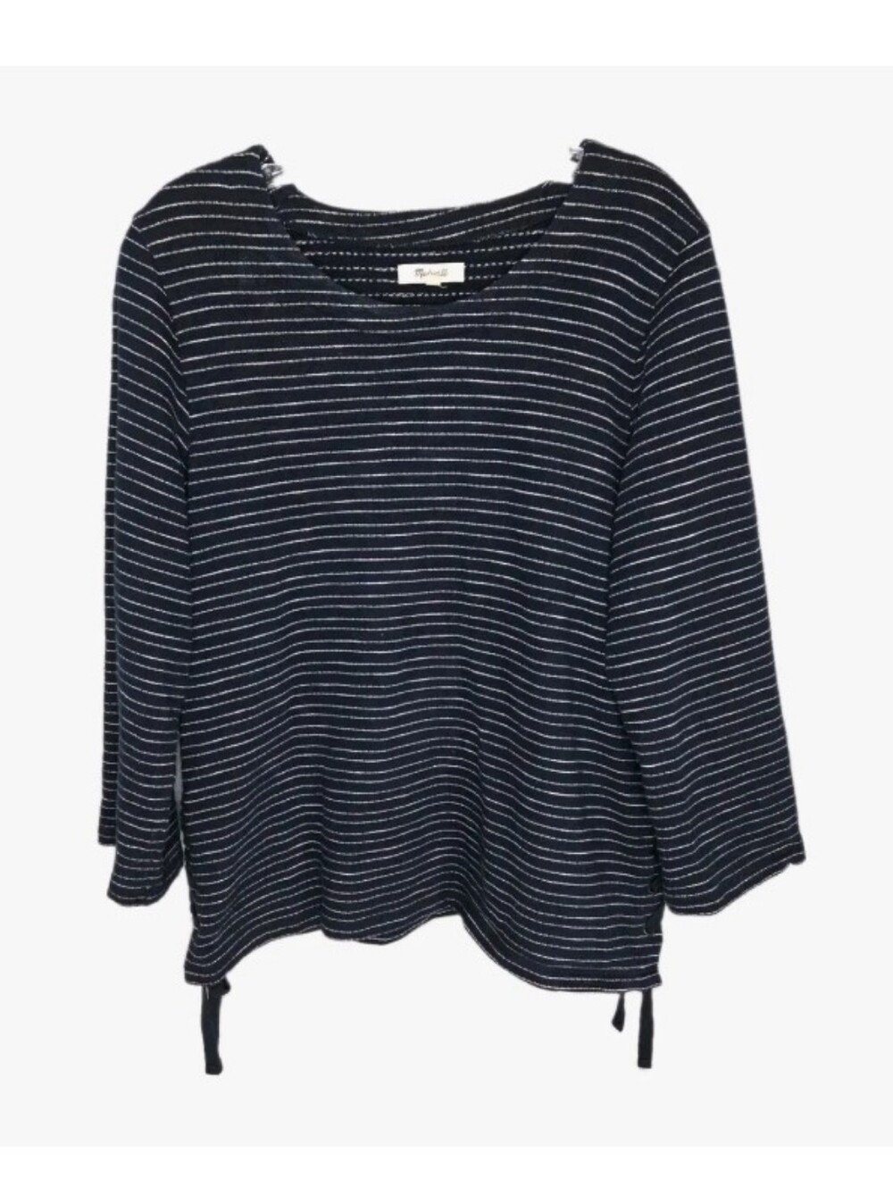 Madewell Striped  Side Lace Top Size L Navy Blue/White 3/4 Sleeve Nautical Chic